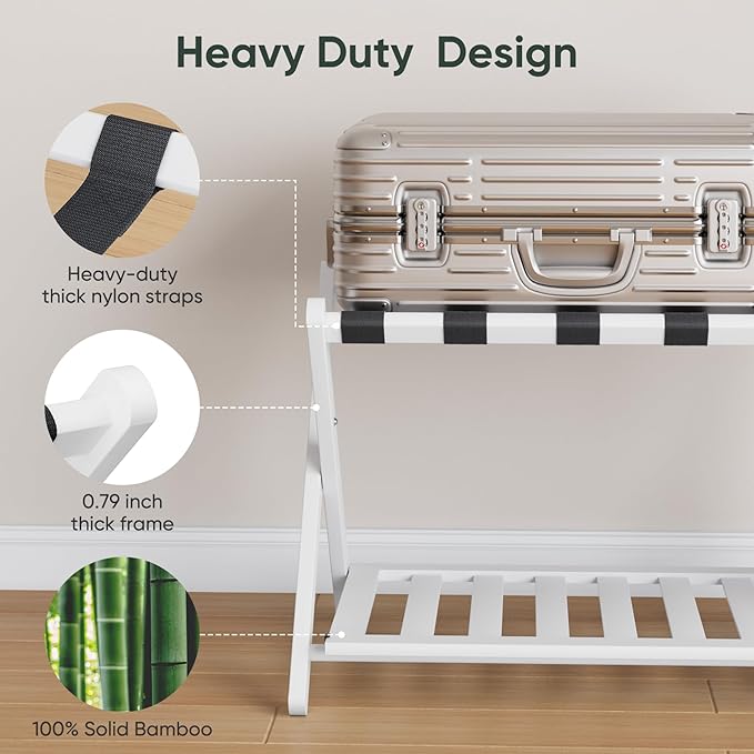 2 Packs Fully Assembled Luggage Racks with Shoe Shelf, Suitcase Stand with Fold & Lock System, Bamboo Luggage Stand Ideal for Guest Room, Bedroom, Hotel, White