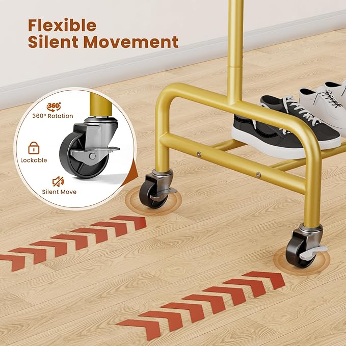 Abiglifty 2 Tier Clothes Rcks for Hanging Clothes, Heavy-Duty Clothing Rack with Wheels,150LBS Capacity, 42" W X15 D X 77" H Garment Rack with Bottom Shelf, for Bedroom, Living Room, Gold