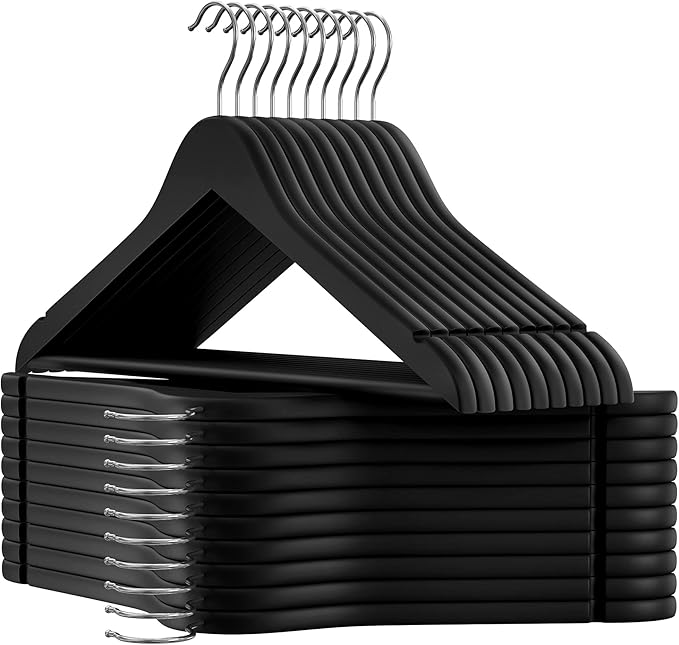 SONGMICS Set of 20 Wooden Hangers with Rubber Coating, Non-Slip Coat Hangers with Shoulder Grooves, Pants Bar, 360° Swivel Hook, for Jackets, Shirts, Black UCRW011B02