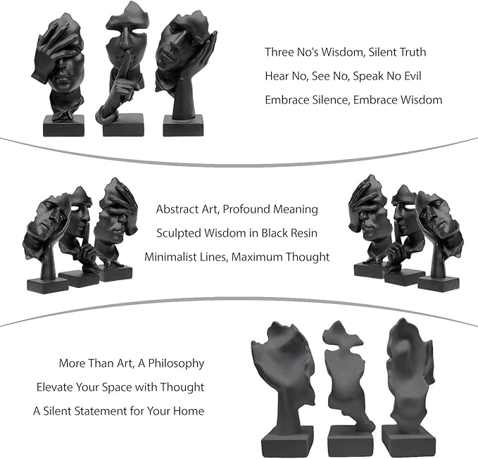 aboxoo 3 Pcs Thinker Statue, Silence is Gold Abstract Art Figurine, See No Evil Hear No Evil Speak No Evil Statues, Modern Resin Sculptures Decor for Living Room, Home, Office Study (Black)