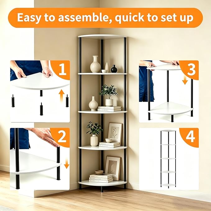 5-Tier Corner Shelf Stand,Tall Narrow Bookshelf for Small Spaces,Rustic Wood & Metal Storage Shelf,Display Plant Stand with Anti-Tip Straps for Bedroom,Living Room,Bathroom,White