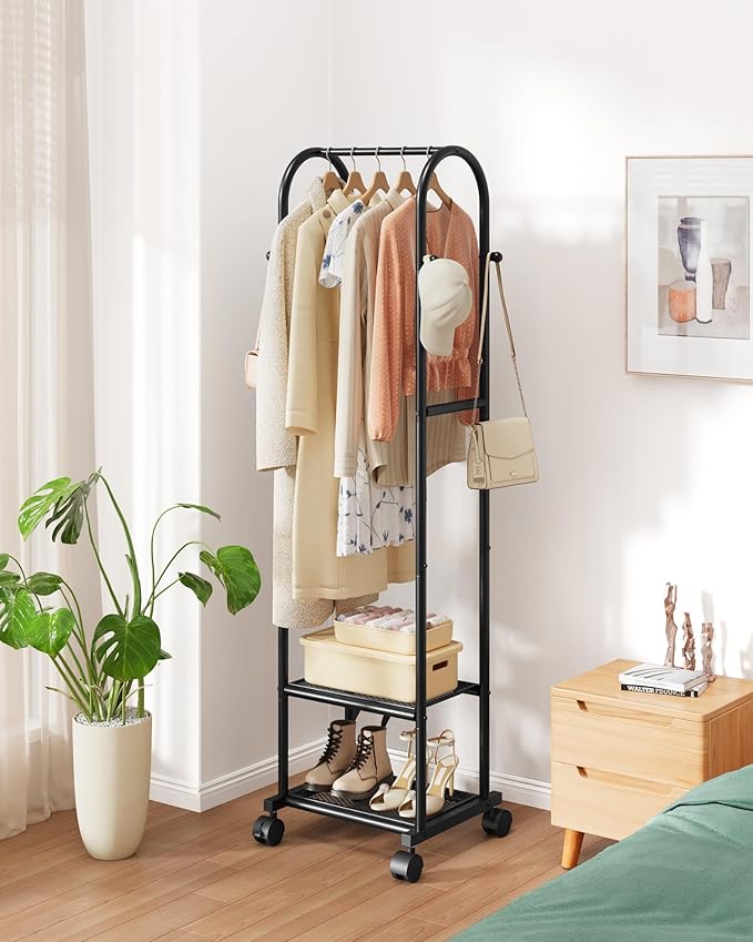 Heavy Duty Premium Clothes Rack with 2-Tier Mesh Shoe Shelves & 4 Hooks, Lockable Wheels, Space-Saving, Multi-Functional for Bedroom, Entryway, Closet, Modern Design, 18.4" x 12.6" x 72", Black