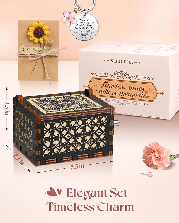 Swooflia Bear Wooden Music Box for Friend - Hand Crank Engraved Musical Box Vintage Mechanism Personalized Gifts for Mom Daughter Niece Granddaughter Grandma Jesus On Birthday