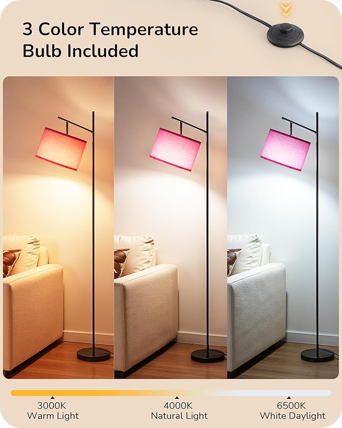 EDISHINE Modern Floor Lamps for Living Room, 64.7" Minimalist Standing Lamp with 3 Color Temperatures Bulb & Adjustable Linen Shade, Foot Pedal Switch, Arc Tall Lamp for Office Bedroom, Pink