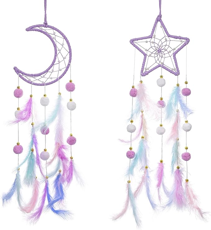 ElevateTech Purple Dream Catcher Wall Hanging Set, 2 Pcs Moon Star Pompom Feather Dreamcatcher Wall Decor Handmade Dream Catchers Boho Room Decor for Bedroom, Nursery Walls Art Birthday Gifts