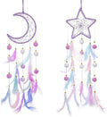 ElevateTech Purple Dream Catcher Wall Hanging Set, 2 Pcs Moon Star Pompom Feather Dreamcatcher Wall Decor Handmade Dream Catchers Boho Room Decor for Bedroom, Nursery Walls Art Birthday Gifts