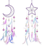 ElevateTech Purple Dream Catcher Wall Hanging Set, 2 Pcs Moon Star Pompom Feather Dreamcatcher Wall Decor Handmade Dream Catchers Boho Room Decor for Bedroom, Nursery Walls Art Birthday Gifts