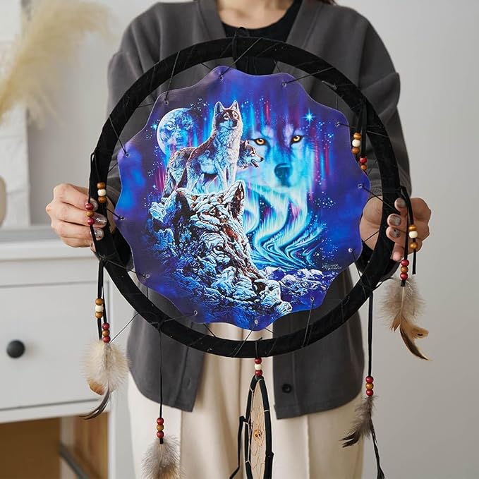Remorelt 3PCS/Set Large Size Dream Catcher Wolf & Eagle Pattern Hanging Decor, Native American Style Ornament for Home, Dorm, Car,Wolf Decor Wolf Gifts for Wolf Lover(DC04 13Inch Set 3 Mix)