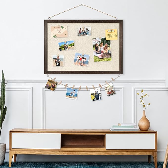DOLLAR BOSS Bulletin Board with Linen 24'' x 18'' Wood Framed Cork Boards for Walls, Photo Display Pin Board, Decorative Corkboard for Office Home School Dorm Decor with 10 Pushpins, Dark Walnut