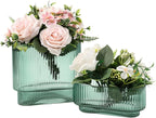 Short Glass Vases, Set of 2 Green Glass Vases for Tulips, Ribbed Vase for Flowers, Modern Small Vase for Living Room, Dining Room, Bathroom, Desk, Shelf, Wedding, Office