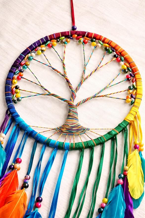 OMA Chakra Rainbow Dream Catcher, Tree of Life Design with Feathers and Beads, Rainbow Suede Authentic Traditional Dream Catcher Boho Home Decor - Large Size - 36" Long x 11" Diameter (Rainbow)