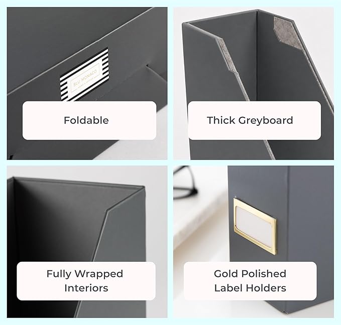 BLU MONACO | Set of 6 Foldable Grey Magazine File Holders with Gold Label Holders | Vertical File Organizer Boxes for Desk, Bookshelf & Home Office Storage