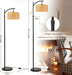 QIYIZM Floor Lamp for Living Room Bedroom Farmhouse Arc Rattan Boho Standing Lamp with Remote Dimmable Black Wicker Bamboo Lamp Shade Floor Light Adjustable Tall Lamp Industrial Floor Lamps Bohemian