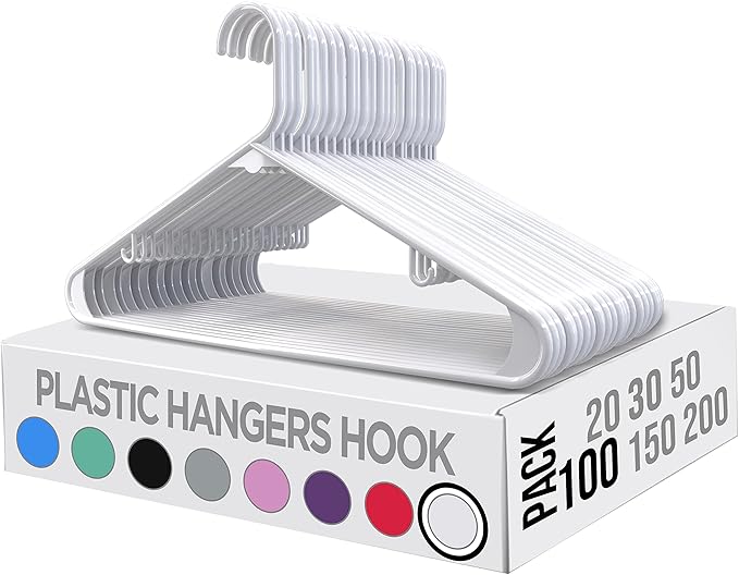 Utopia Home Plastic Hangers 100 Pack - Space Saving Clothes Hanger - Durable & Strong Closet Organizers and Storage with Built-in Strap Hooks - Essential for Shirts, Pants, Skirts & Coats (White)