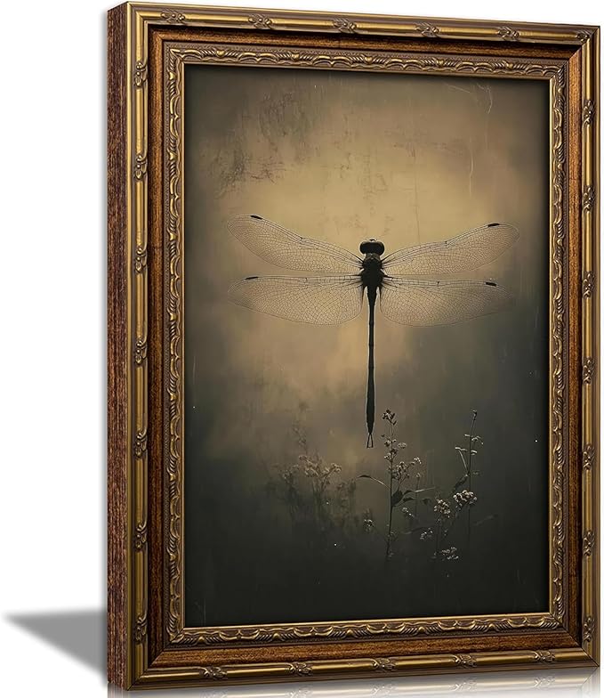 Vintage Gold Framed Wall Art Retro Dark Dragonfly Painting Canvas Prints Gothic Insect Picture Wall Decor Rustic Farmhouse Animal Poster Artwork for Living Room Bedroom Bathroom, 9x11in