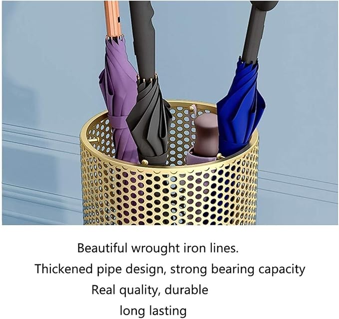 Umbrella Stands Hollowed-out Metal Umbrella Holder with Hooks,Umbrella Rack Modern Round Outdoor Hallway Entryway Umbrella Stand Rack (Color : Gold, Size : 58cm)