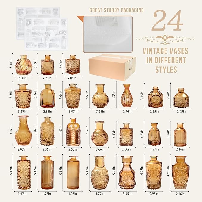 Mini Bud Vases As Wedding Centerpieces for Tables,Clear Bud Vases for Flowers,Small Flower Vases Suitable for Birthday Party,Anniversary,Wedding Reception,Baby Shower (Amber, 24PCS)