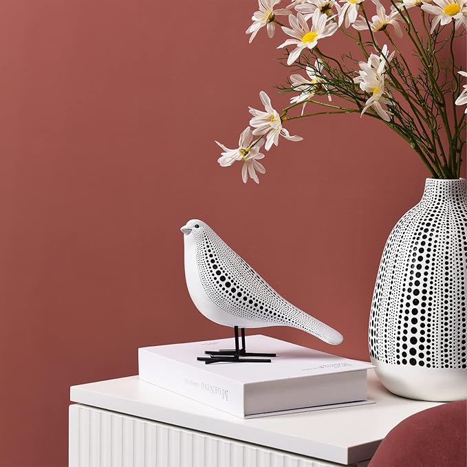 Quoowiit Bird Figurine, Modern Sculpture and Statues for Home Decor, Animal Statues for Bookshelf, Table, Entryway, Fireplace, Resin Decorative Sculpture with Chic Polka Dots Art Design (White)