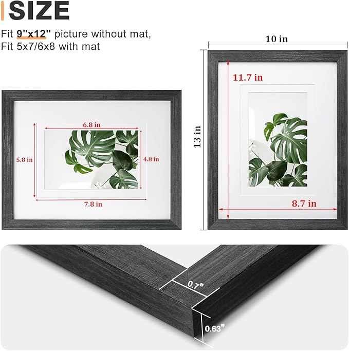 Egofine 9x12 Picture Frame Set of 4, Made of Solid Wood Multicolor Photo Frames Covered by Plexiglass 5x7 and 6x8 with Mat or 9x12 without Mat, for Table Top Display and Wall Mounting Mixed Colors