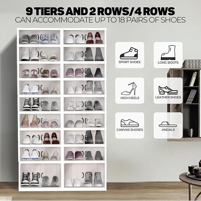FAHKNS Foldable Shoe Rack, Transparent Shoe Boxes with Magnetic Double Doors, Shoe Organizer Storage for Entryway/Bedroom/Cloakroom, Large Shoe Cabinet with Hidden Bottom Roller 9 Tiers 4 Row (White)