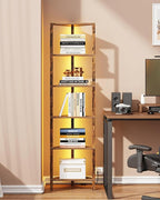 TUTOTAK Corner Shelf with LED Light, 6-Tier Corner Bookshelf for Small Space, Narrow Display Corner Shelf Stand with Storage Rack, for Living Room, Bedroom, Brown BS05BC006L
