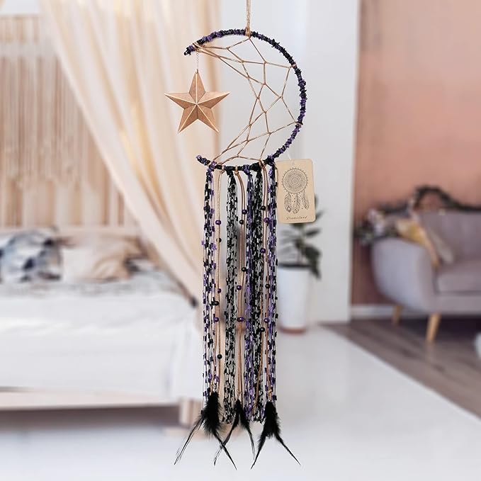 Dremisland Moon Dream Catcher Handmade Half Circle Moon Design Dream Catcher Feather Hanging with Star Home Decoration Ornament Festival Gift (Purple)