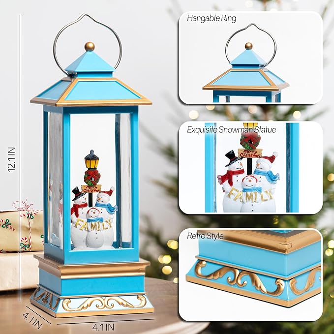 12" Christmas Snow Globe Lantern with Snowman - Water Swirling Glitter LED Light Lantern with Music - Vintage Xmas Gifts - USB Plug or Battery Operated Home Decor (Snowman family)