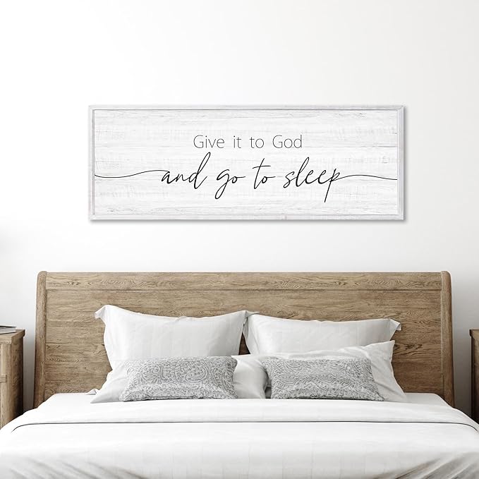 Give It to God and Go to Sleep Sign Framed Large 41''×15'' Above Bed Wall Decor for Bedroom Farmhouse Wall Decor Guest Room Decor Rustic Master Bedroom Wall Decoration Wood Wall Art (white frame)