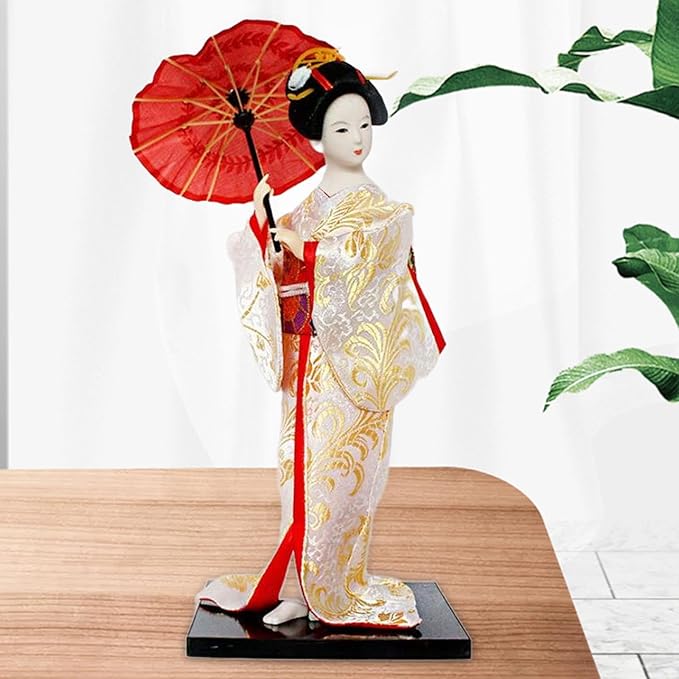 12inch Japanese Geisha Ethnic Japanese Geisha Dolls Oriental Ancient Kabuki Girl Statue Kimono Dolls for Tabletop Home Decor, White and Gold
