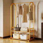 Gold clothing rack with bottom Storage shelves and 6 side hooks,Sturdy metal clothes rack for Hanging Clothes,Modern garment rack Wardrobe Rack for Bedroom or Boutique