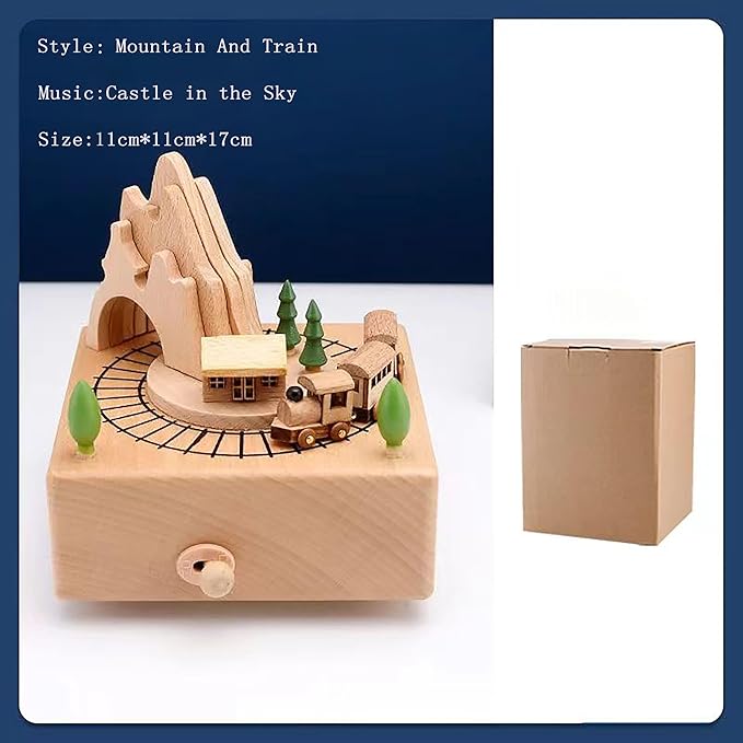 Natural Solid Wood Handcrafted Beech Wooden, Musical FigureTotoro/Carousel/Fairy/Ballerina Figurine,Rotating Hand Crank Mechanism Music Box,Musical Decorations (Mountain and Train)