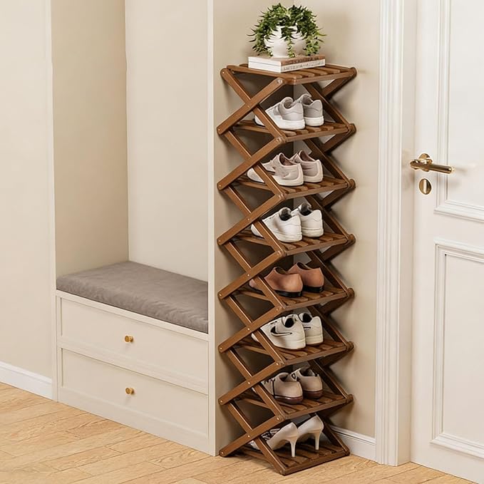 The 9-Tier No-Assembly Bamboo Rack, 2-9 Tier Folding Shoe Storage Rack, Space-Saving Organizer for Shoes, No Assembly Narrow Shoe Shelf for Entryway Closet Dorm (Brown, 8 Tier)