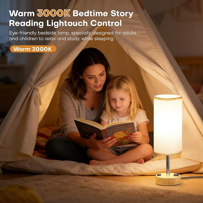 MOICO Bedside Table Lamp for Bedroom, 3-Way Dimmable Nightstand Lamp with USB C, USB A Ports & AC Outlet, Small Table Lamp Fabric Shade for Living Room Dorm Office, LED Bulb Included (14in Wood Grain)