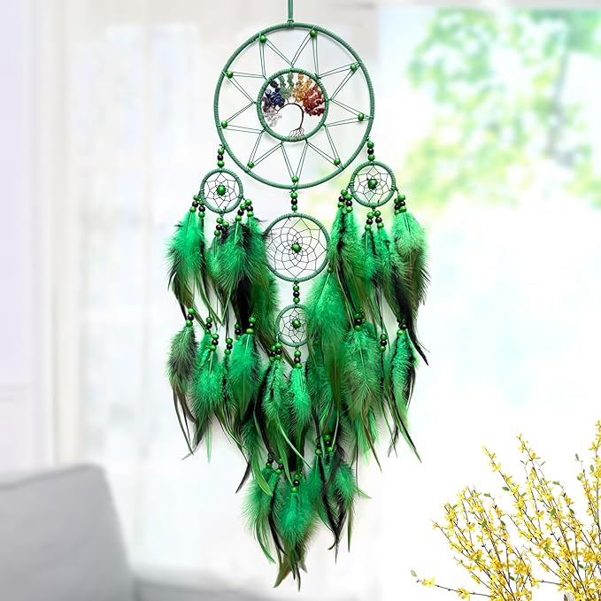 Green Large Dream Catcher Wall Decor Crystal Tree of Life Dream Catchers Handmade Feather Dreamcatcher Wall Hanging Ornament for Bedroom Living Room Home Decor