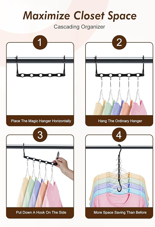 HOUSE DAY Closet Organizers and Storage 6 Pack, College Dorm Room Essentials, Multifunctional Organizer Magic Space Saving Hangers with 5 Holes, Storage Organization for Wardrobe Closet - Black