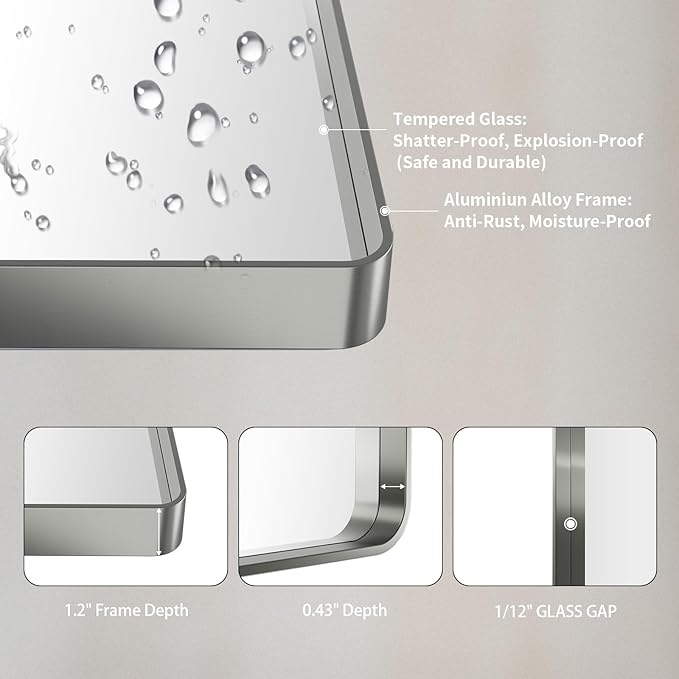 LOAAO 48X32 Inch Brushed Nickel Bathroom Mirror, Rounded Rectangle Silver Metal Frame Mirror, Brushed Nickel, Anti-Rust, Shatter Proof, Hangs Horizontally or Vertically