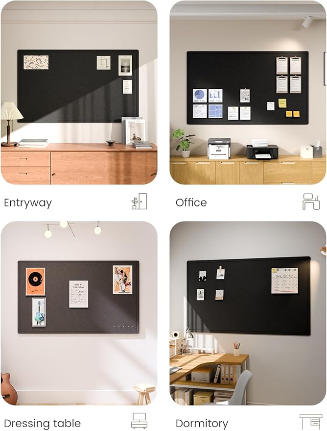 Fluxynara Large Bulletin Board, 59" x 35.4" Cork Board Alternative with 24 Safe Removable Adhesive Tabs, Foldable Felt Pin Board for Home Office, Classroom, Bedroom,Entryway for Walls—Black
