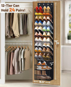 MISSLO 12 Tier Over the Door Shoe Organizer Hanging Shoe Rack for Closet Storage Sneaker Holder for Door Fit 24 Pairs Sandals, Heels, Boots (Black)