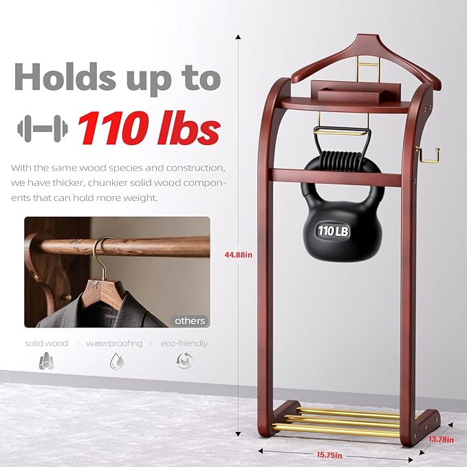 Suit Valet Stand for Men, Wood Mens Valet Stand with Base, Contour Hanger, Tray, Trouser Bar and Tie Bar, Clothes Valet Stand for Bedroom Entryway Home Living Room Office (Reddish brown)