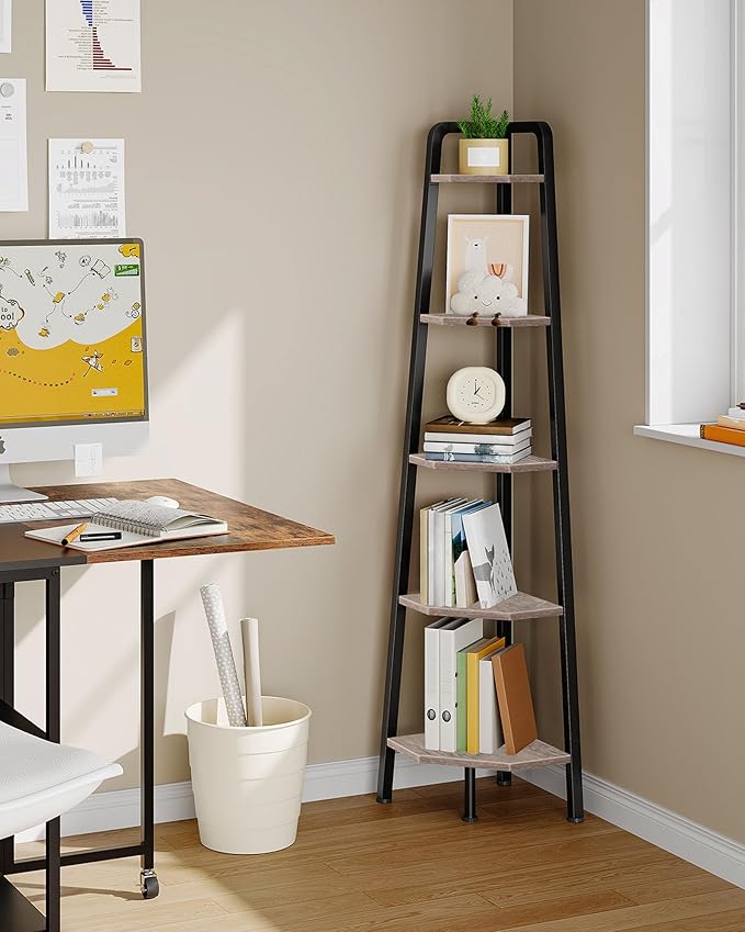 CHOEZON Corner Shelf, 5-Tier Ladder Corner Shelf, Ladder Bookshelf, 59.6" Tall Vertical Display Stand, Metal Frame Bookshelf, for Living Room, Bedroom, Kitchen, Greige and Black TCJ20BG