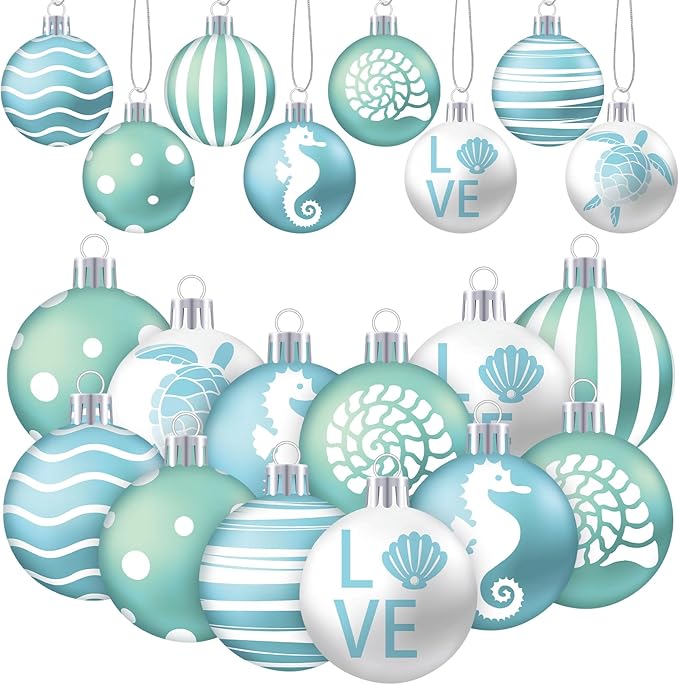 HyDren 40 Pcs Summer Ornaments for Tree 1.2 Inch Mini Beach Ocean Hanging Tree Decorations Seashells Seahorses Turtles Ornaments Balls for Holiday Party Favor Home Decorative Tropical Supplies
