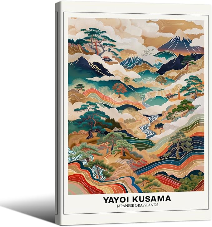 Vintage Yayoi Kusama Grasslands Posters Japanese Wall Art Yayoi Kusama Abstract Landscape Canvas Print for Stylish Room Bedroom Living Room Gallery Decor 16x24in Framed