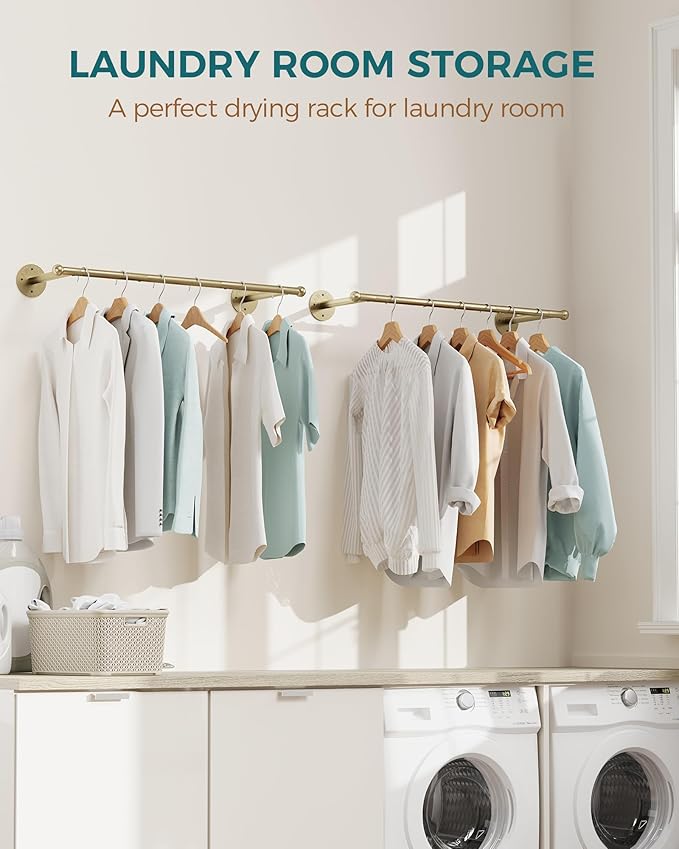 OROPY Industrial Pipe Clothing Rack Set of 2, Wall Mounted Clothes Rack, Closet Rods For Hanging Clothes, 33" Multi-purpose Hanging Rod for Laundry Room, Bedroom and Closet Storage, Gold