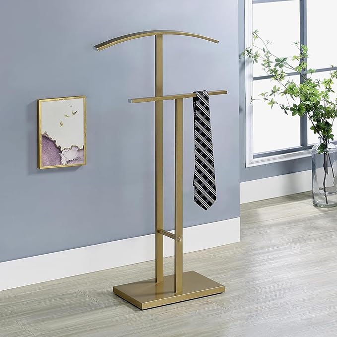 Kings Brand Furniture Dossi Modern Metal Suit Valet Stand, Clothes Rack Organizer with Jacket, Pants & Tie Holder, Space-Saving Garment Rack for Bedroom or Closet (Gold)