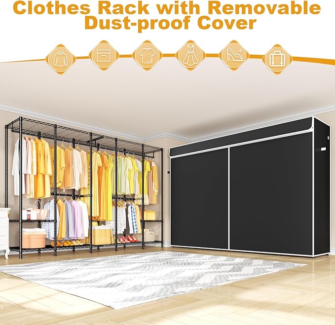 H50C Extra Large Clothes Rack with Cover, Freestanding Portable Closet, Covered Clothing Racks for Hanging Clothes, Heavy Duty Garment Rack, Wardrobe Closet with Black Cover Max Load 1350 Lbs