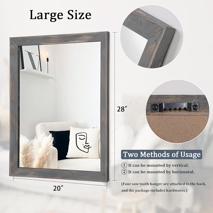 AAZZKANG Wooden Mirror Rectangle Rustic Mirrors for Wall Decorative for Bedroom Bathroom Living Room Entryway Hanging Home Decor 28"x20"