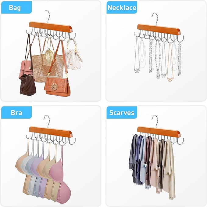 Belt Hanger for Closet, 360° Rotating Tie & Belt Rack for Storage with 14 Hooks,Versatile Hanger Rack with Hooks(2Natural)