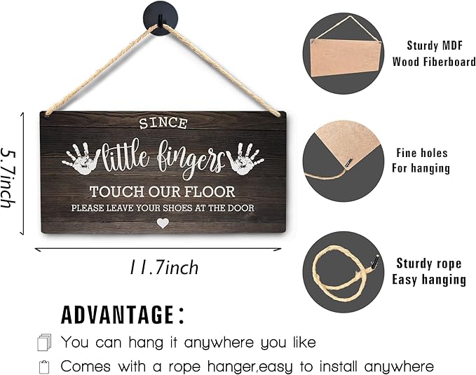 Wall Pediments Shoes Off Sign,Shoes Off Sign for Front Door,Since Little Fingers Touch Our Floor Door Sign,Shoes Off Hanging Welcome Sign for Front Door,10x8 Inches，Wood Grain-4