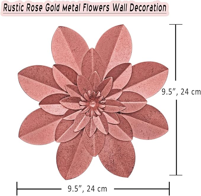 Rose Gold Metal Flower Wall Art Decor, 9.5“ Rustic Modern Floral Sculpture, Distressed Iron Wall Hanging Home Decoration Accent Artworks for Indoor Kitchen Bedroom Living Room Office Outdoor Garden