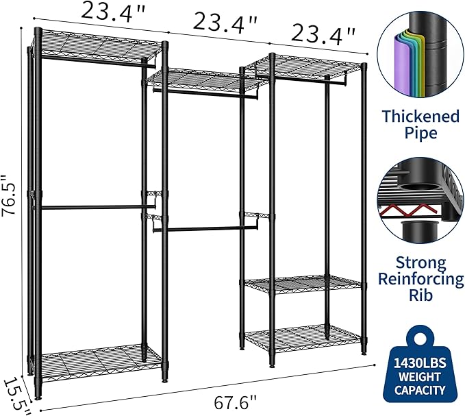 Heavy Duty Clothes Rack,Load 1433LBS Garment Rack Portable Closet,Free Standing Closet Organizers and storage with Adjustable Shelves, Hanging Rods, Dividable Black 76.5"H x 67.6"L x 15.5"W